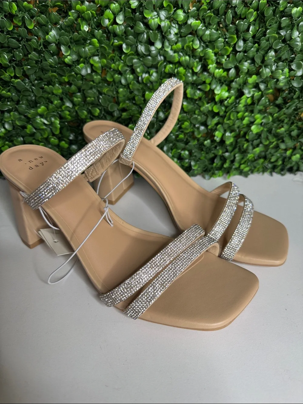 NWT 8.5 a new day Nude Rhinestone Triple-Strap Block Heel Sandals